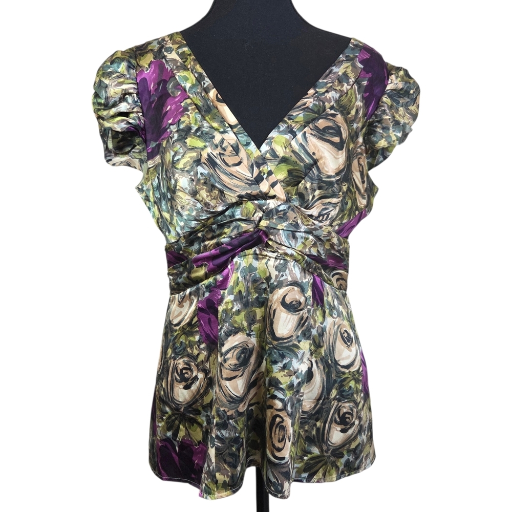 Nanette Lepore Floral 100% Silk Twist-Front Blouse Size 8